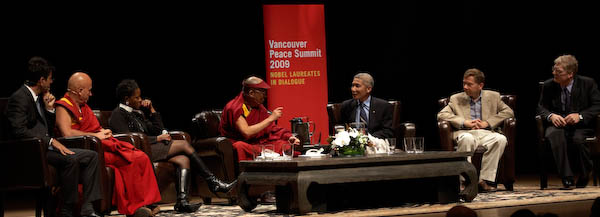 From L to R: Pierre Omidyar, Matthieu Ricard, Rev Mpho Tutu, His Holiness, Thubtan Jinpa, Eckhart Tolle and Sir Ken Robinson (photo by Sarah Murray 2009)