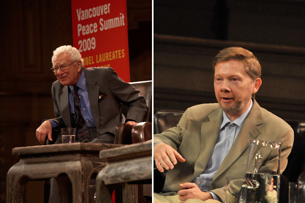 Murray Gell-Mann and Eckhart Tolle used the game of soccer to illustrate the importance of creativity and mindfulness (photos by Sarah Murray (l) and Sonam Soksang (r) 2009)