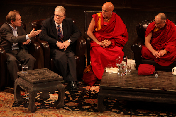 Daniel Siegel (left) on stage with the Dalai Lama at the 2009 Vancouver Peace Summit